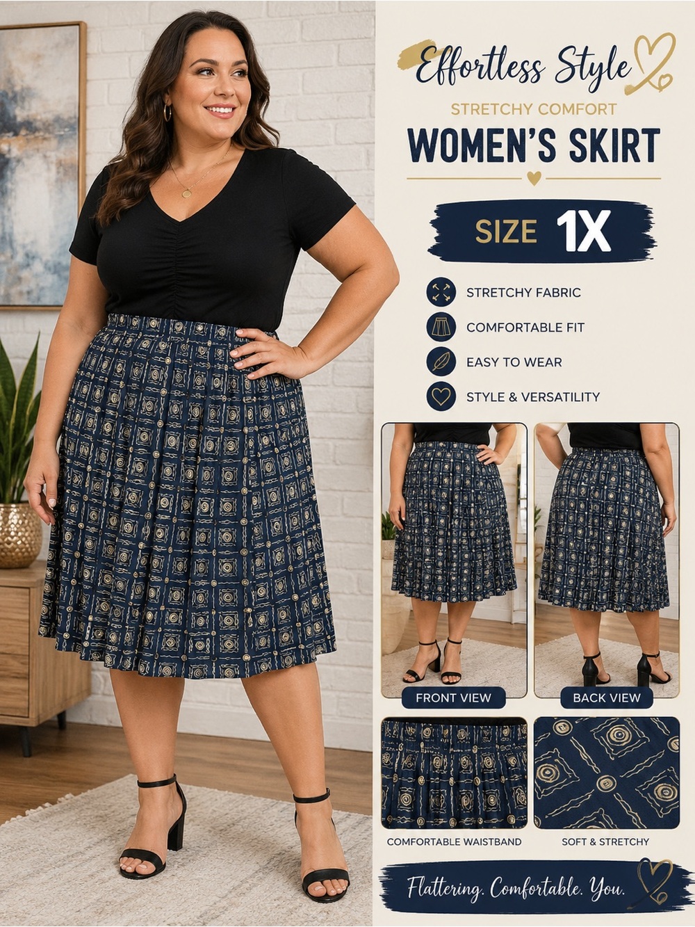 Women's Navy Blue Patterned Elastic-Waist 1X skirt 
Waist 40”
Length 27”